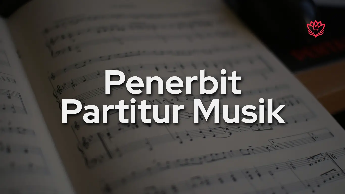 Lembar partitur musik sebagai latar dengan teks ‘Penerbit Partitur Musik’, menggambarkan layanan penerbitan dan distribusi partitur